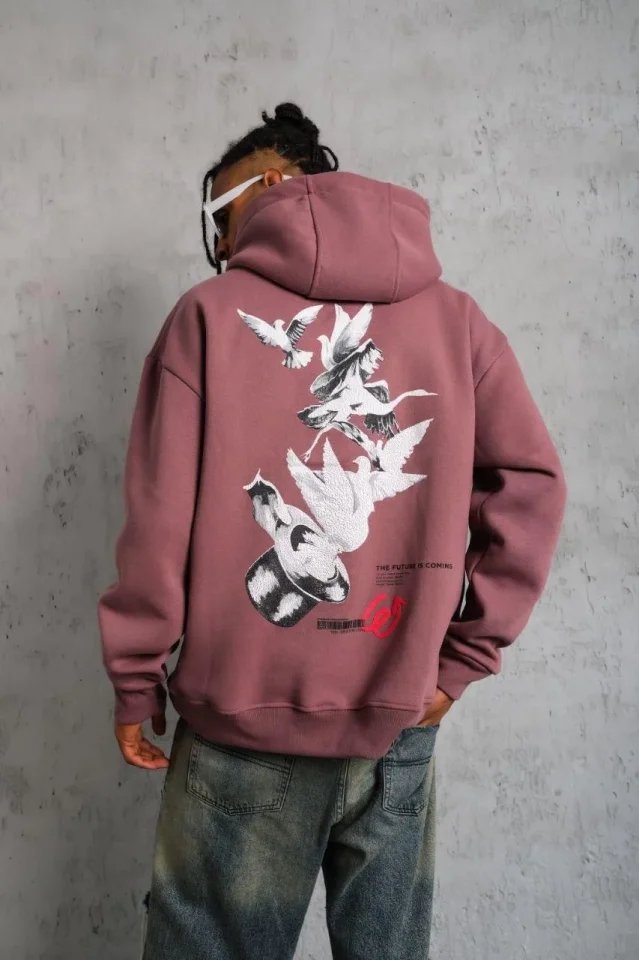 Erkek Şapkalı Güvercin Baskılı Kapşonlu Sweat