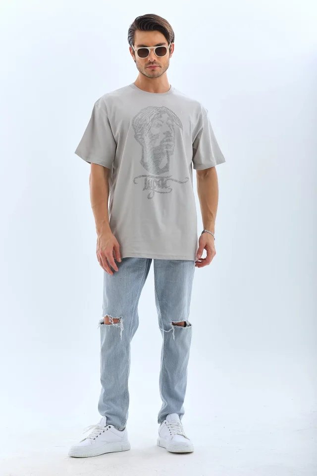 Unisex Oversize Taşlı Bisiklet Yaka T-Shirt