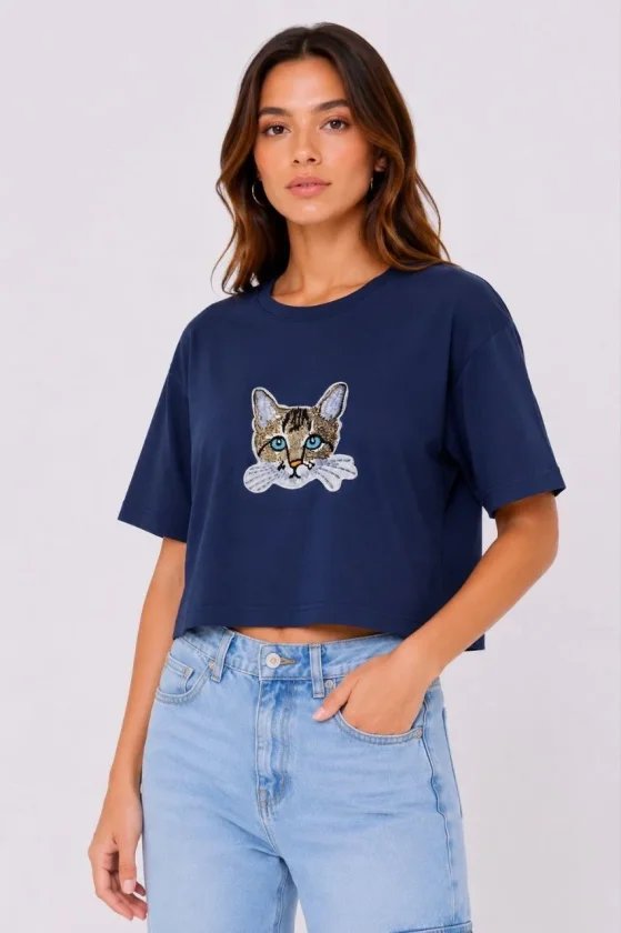 Kedi Baskılı Oversize Crop Tişört Salaş Basic Yarım Kol T-shirt