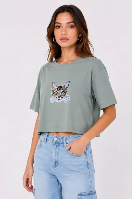 Kedi Baskılı Oversize Crop Tişört Salaş Basic Yarım Kol T-shirt