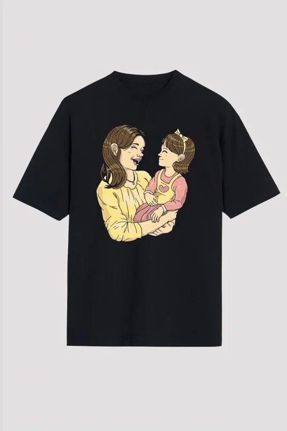 Anneler Günü Hediye Anne Kız Temalı Baskılı Oversize Bisiklet Yaka T-shirt