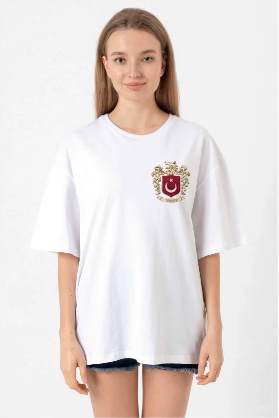 Türk Arma Baskılı Oversize Bisiklet Yaka Günlük T-shirt