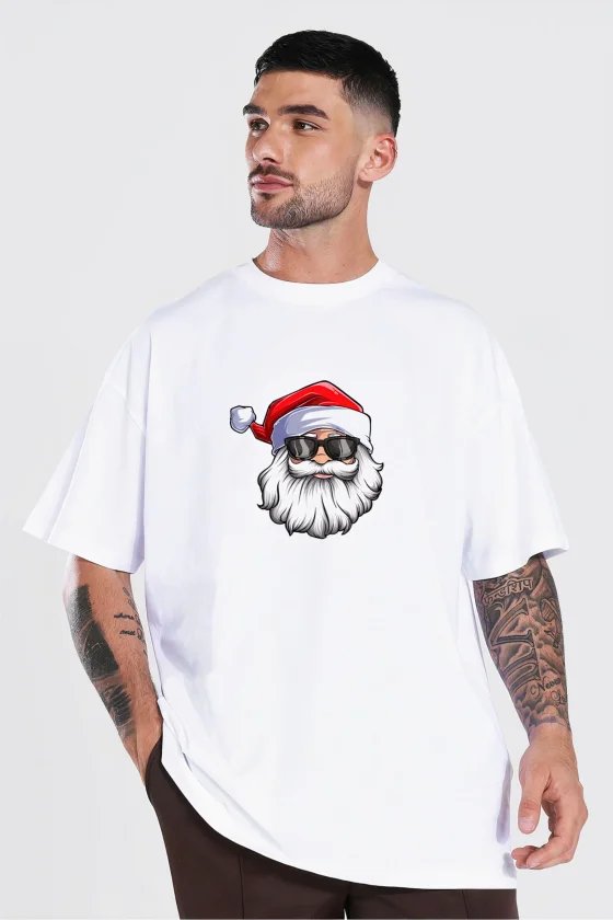 Yılbaşı Gözlüklü Noel Baba Baskılı Kısa Kollu Oversize Bisiklet Yaka T-shirt