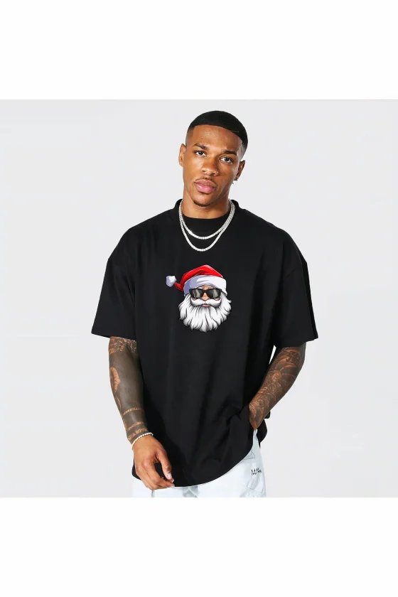 Yılbaşı Gözlüklü Noel Baba Baskılı Kısa Kollu Oversize Bisiklet Yaka T-shirt