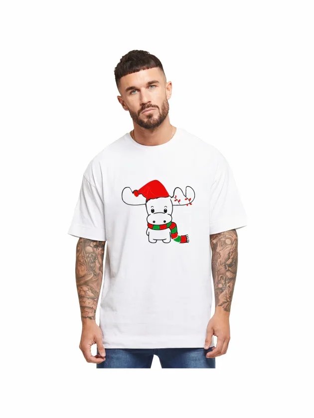 Yılbaşı Noel Ren Geyiği Baskılı Kısa Kollu Oversize Bisiklet Yaka T-shirt