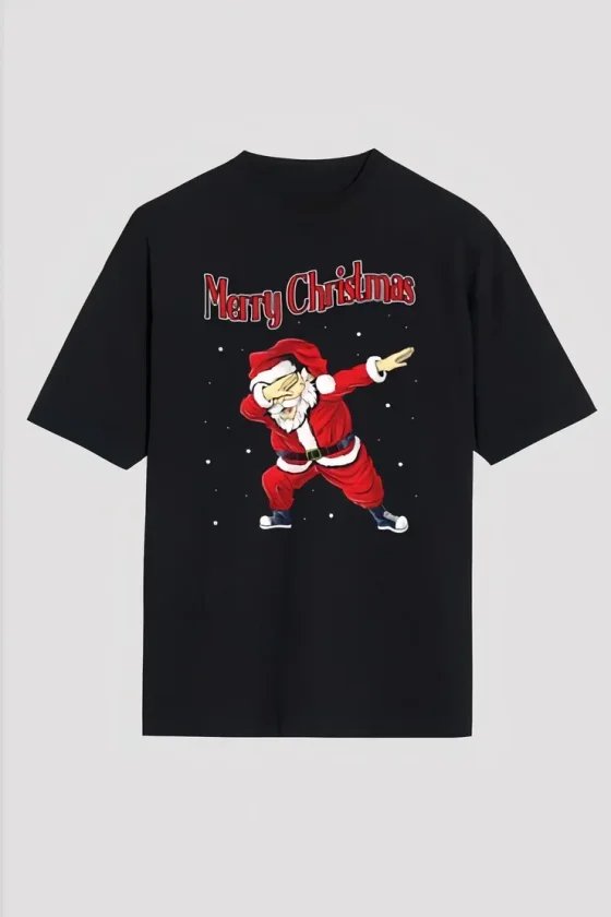 Yılbaşı Merry Christmas Noel Baba Baskılı Oversize Bisiklet Yaka T-shirt