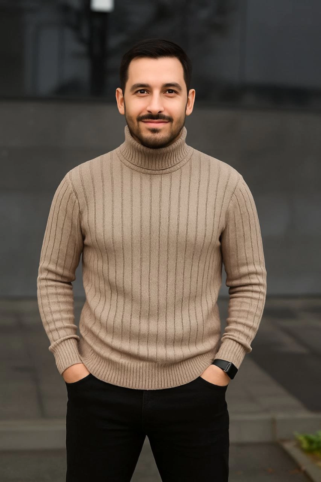 Erkek Balıkcı Yaka Bağazlı Triko Kazak Pamuklu Kalın Fitilli Dokuma, Regular Fit Uzun Kollu Kışlık Model