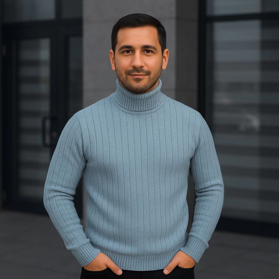 Erkek Balıkcı Yaka Bağazlı Triko Kazak Pamuklu Kalın Fitilli Dokuma, Regular Fit Uzun Kollu Kışlık Model