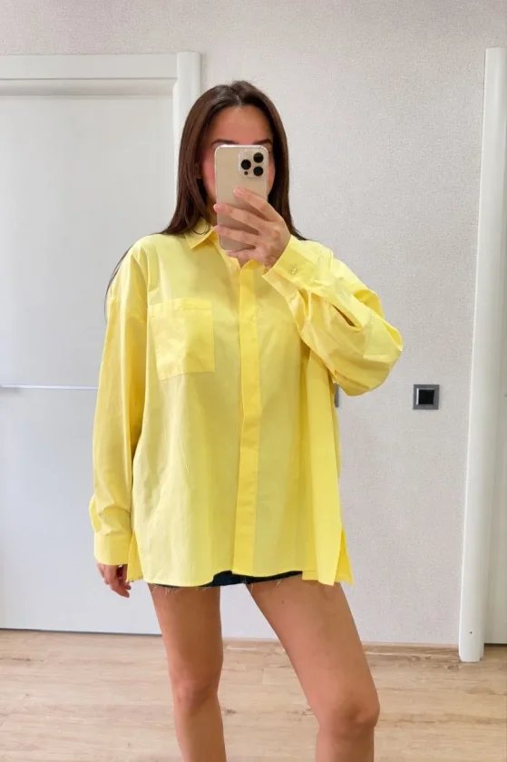 Oversize Pens Detaylı Cepli Yırtmaçlı Rahat Kalıp Poplin Gömlek