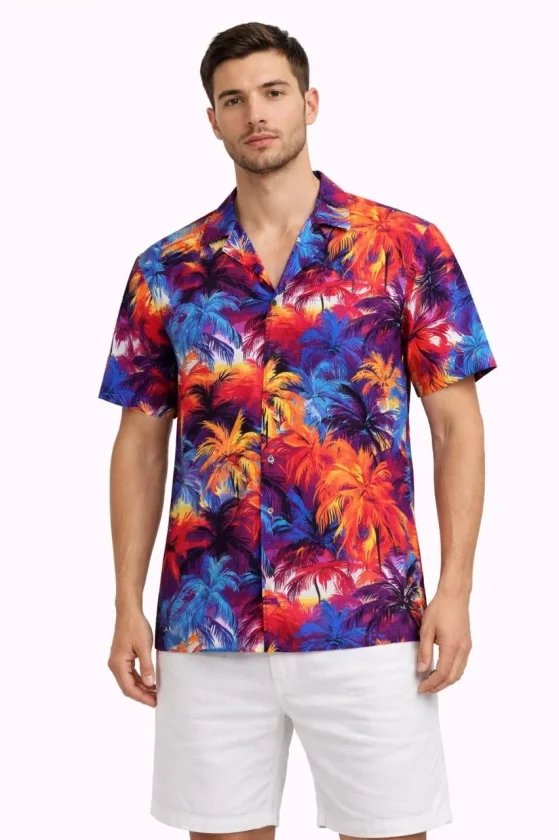 Erkek Tropikal Desenli Kısa Kol Gömlek Rahat Kalıp Yazlık Hawaii Tarz