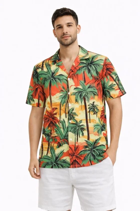 Erkek Hawaii Tarz Tropikal Palmiye Desenli Kısa Kol Gömlek Rahat Kalıp Yazlık