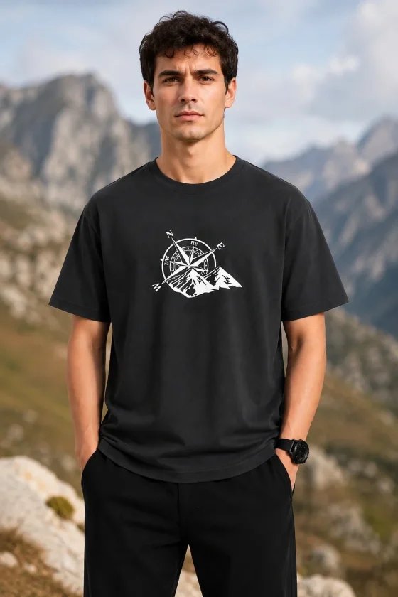 Erkek Outdoor Pusula Dağ Baskılı Kısa Kollu Oversize T-Shirt