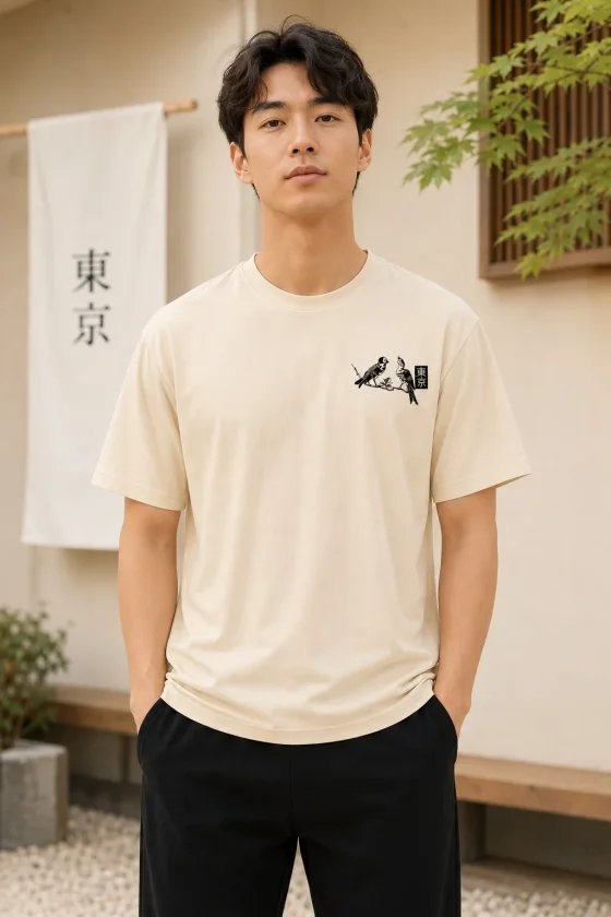Erkek Ön Ve Arka Tokyo Kuş Çiçek Baskılı Oversize T-Shirt