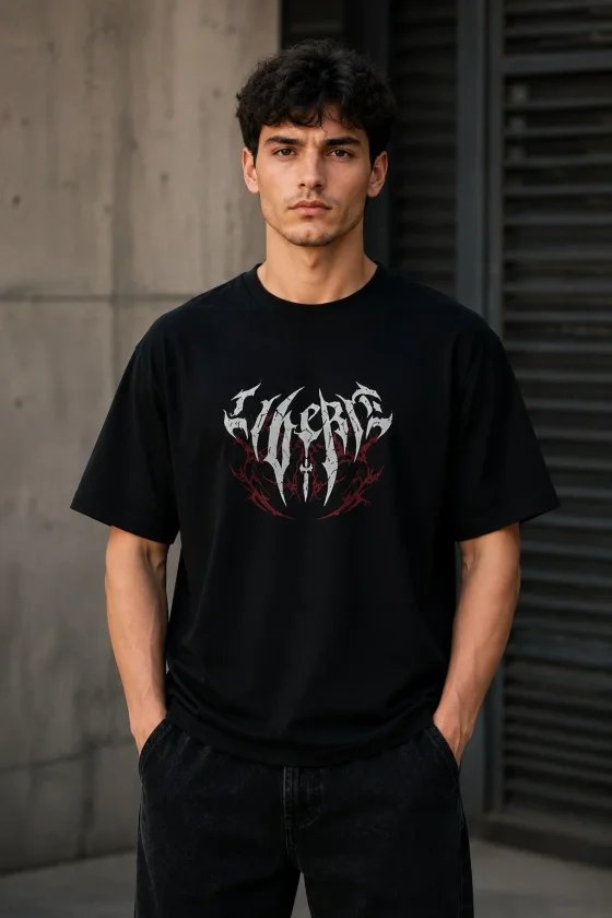 Erkek Gotik Yazı Baskılı Oversize Bisiklet Yaka T-Shirt