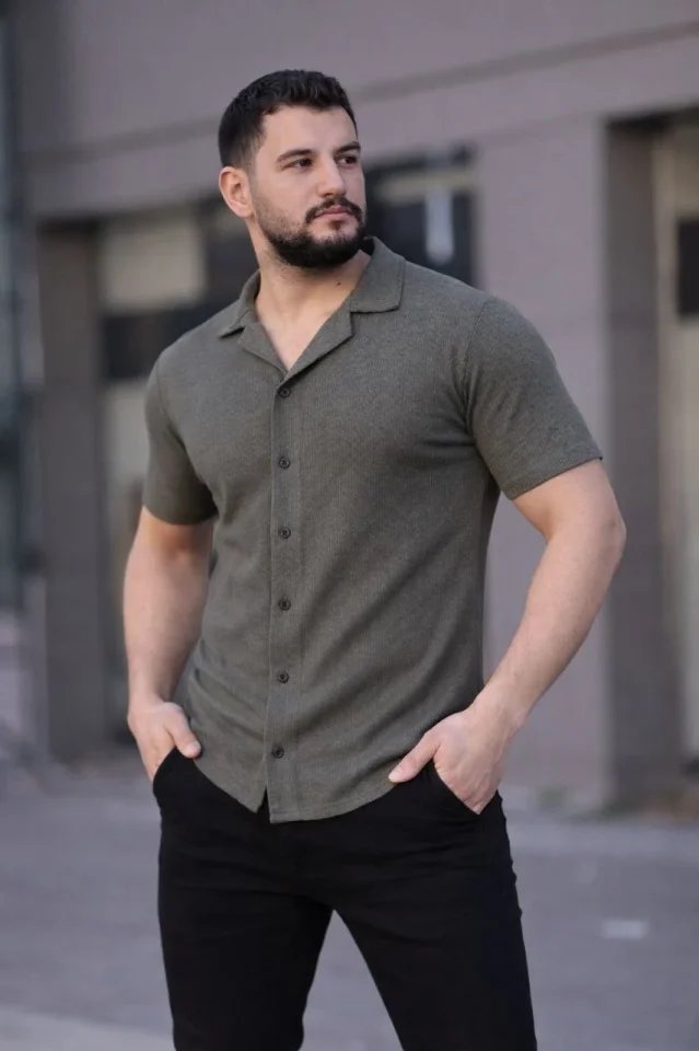 Erkek Waffle Kumaş Kısa Kollu Düğmeli Açık Yaka Regular Fit Gömlek