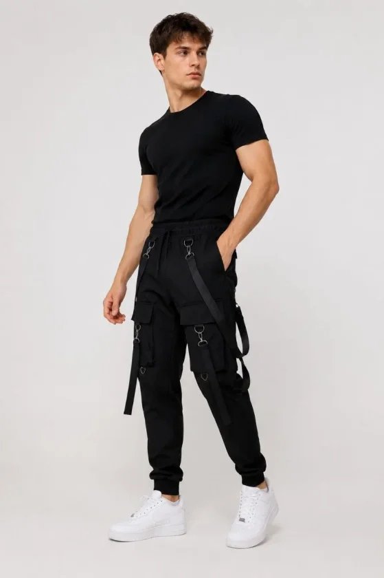 Erkek Techwear Şerit Aksesuarlı Ön Kapak Cep Detaylı Jogger Eşofman Altı