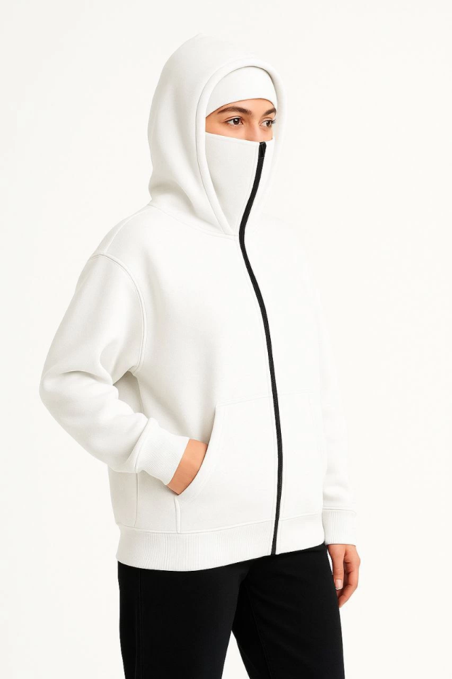 Samuray Ninja Çift Kapşonlu ZIP Fermuarlı Kanguru Çepli Hoodie Maske Detaylı Swetshirt
