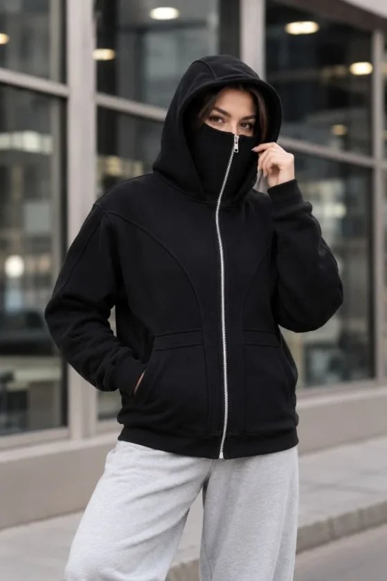 Maskeli Ninja Model Çift Kapüşonlu 3 İplik Şardonlu Fermuarlı Oversize Sweatshirt