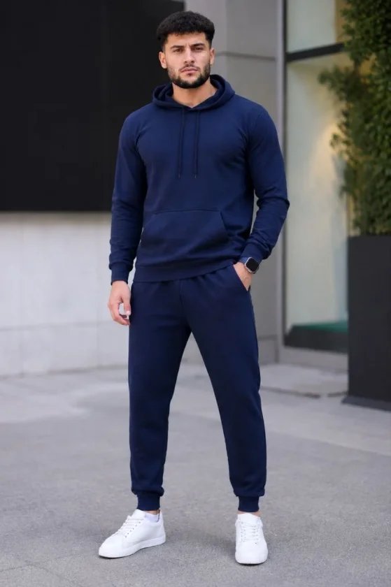 Erkek İki İplik Kapüşonlu Kanguru Cepli Sweatshirt Jogger Pantolon Alt Üst Eşofman Takımı
