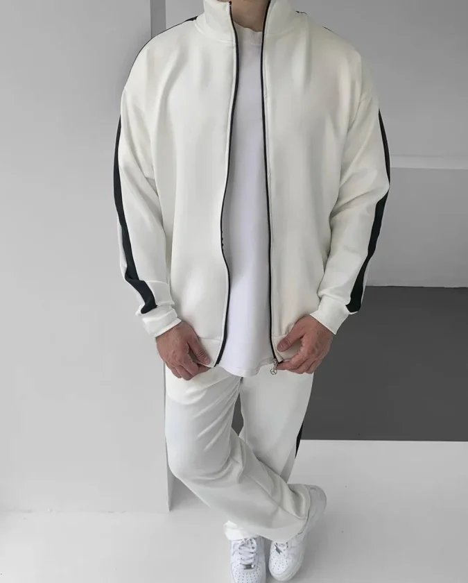 Erkek Scuba Kumaş Oversize Şerit Detaylı Fermuarlı Alt Üst Eşofman Takımı