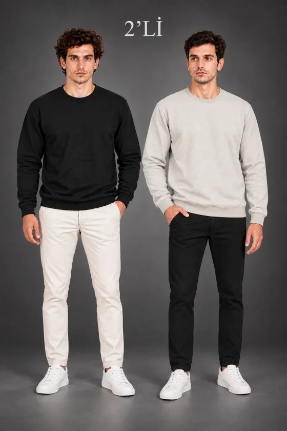 Erkek 2Li Bisiklet Yaka İçi Şardonlu 2 İplik Düz Uzun Kollu Regular Fit Sweatshirt - Siyah - Gri