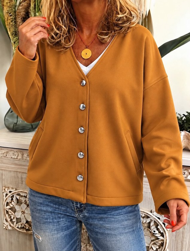 Kadın Düğme Detaylı V Yaka Oversize Hardal Sarısı Ceket / Hırka