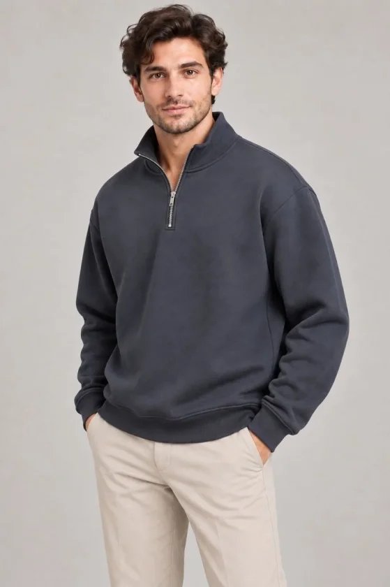 Erkek Üç İplik İçi Şardonlu Dik Yaka Yarım Fermuarlı Kışlık Sweatshirt