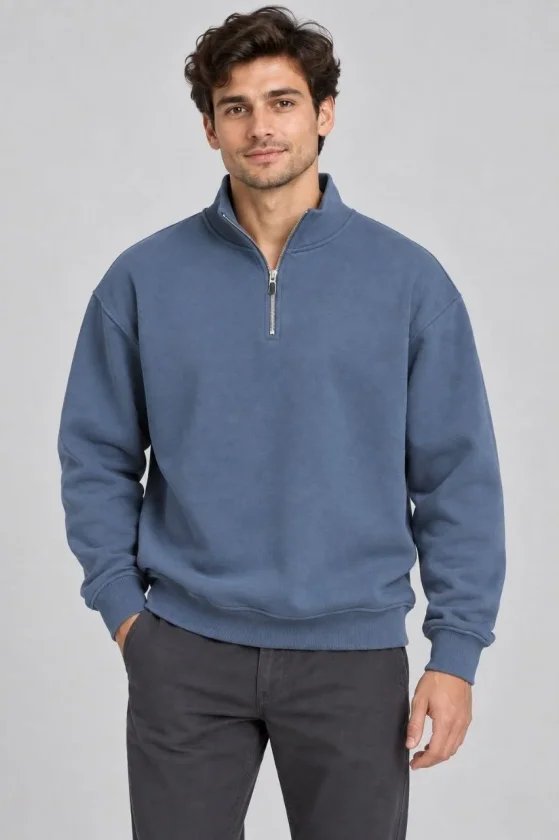 Erkek Üç İplik İçi Şardonlu Dik Yaka Yarım Fermuarlı Kışlık Sweatshirt