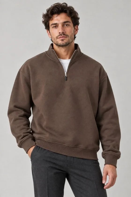Erkek Üç İplik İçi Şardonlu Dik Yaka Yarım Fermuarlı Kışlık Sweatshirt