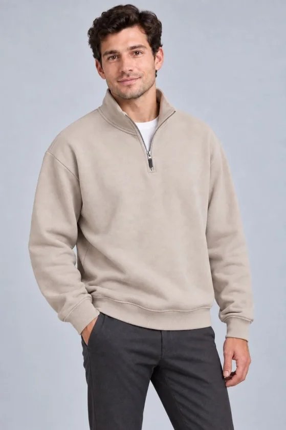 Erkek Üç İplik İçi Şardonlu Dik Yaka Yarım Fermuarlı Kışlık Sweatshirt