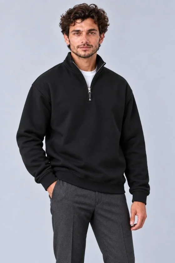 Erkek Üç İplik İçi Şardonlu Dik Yaka Yarım Fermuarlı Kışlık Sweatshirt