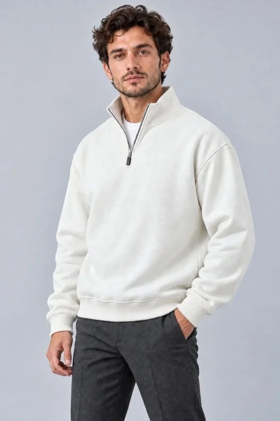 Erkek Üç İplik İçi Şardonlu Dik Yaka Yarım Fermuarlı Kışlık Sweatshirt