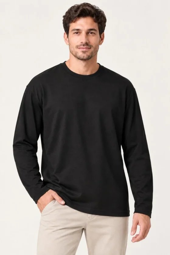 Erkek Modal Yumuşak Dokulu Bisiklet Yaka Uzun Kollu Tişört Sweatshirt