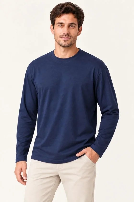 Erkek Modal Yumuşak Dokulu Bisiklet Yaka Uzun Kollu Tişört Sweatshirt