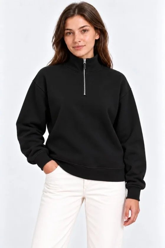 Üç İplik İçi Şardonlu Dik Yaka Yarım Fermuarlı Kışlık Sweatshirt