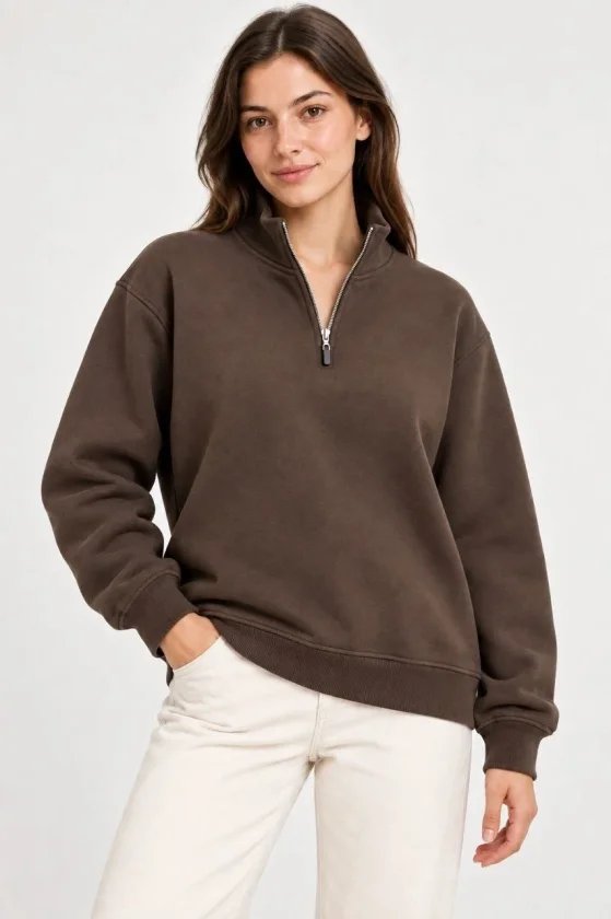 Üç İplik İçi Şardonlu Dik Yaka Yarım Fermuarlı Kışlık Sweatshirt