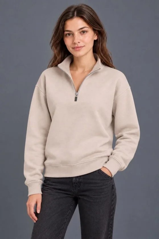 Üç İplik İçi Şardonlu Dik Yaka Yarım Fermuarlı Kışlık Sweatshirt