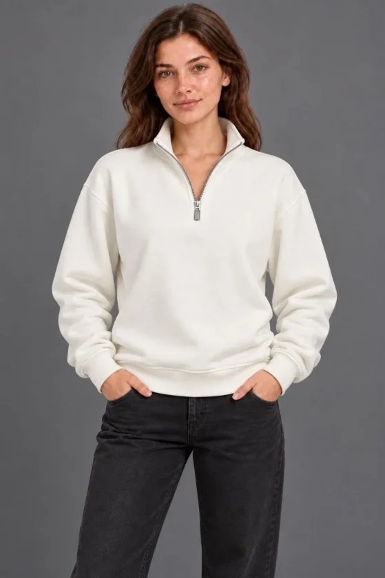 Üç İplik İçi Şardonlu Dik Yaka Yarım Fermuarlı Kışlık Sweatshirt