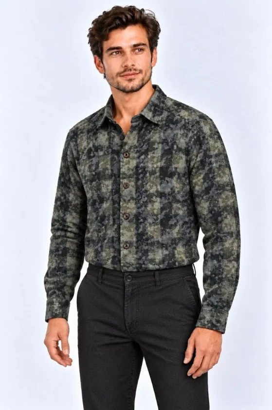 Erkek Ekose Kareli Batik Yıkamalı Şardonlu Uzun Kollu Regular Fit Oduncu Gömlek