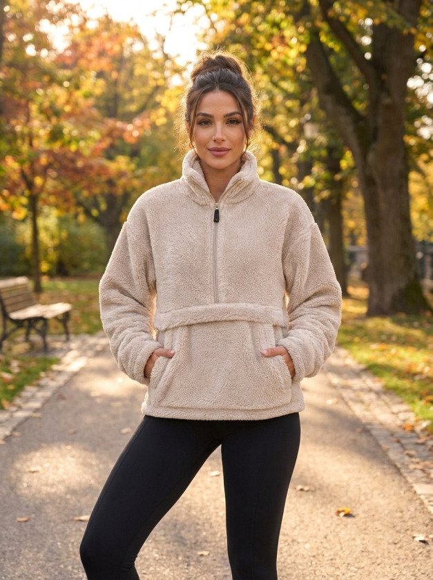 Kadın Yarım Fermuarlı Kanguru Cepli Peluş Wellsoft Sweatshirt